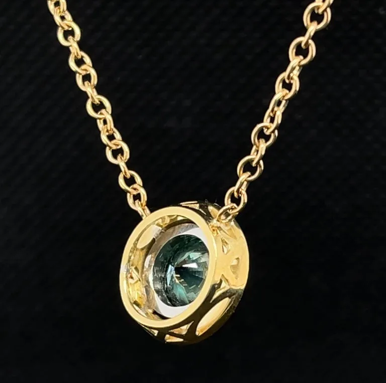 1.66 Carat Round Blue Diamond, Yellow, White Gold Bezel Pendant Chain Necklace