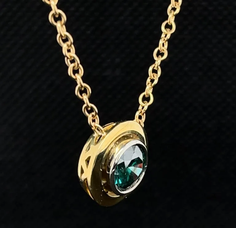1.66 Carat Round Blue Diamond, Yellow, White Gold Bezel Pendant Chain Necklace