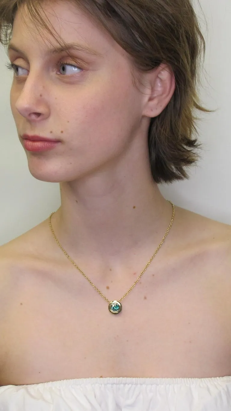 1.66 Carat Round Blue Diamond, Yellow, White Gold Bezel Pendant Chain Necklace