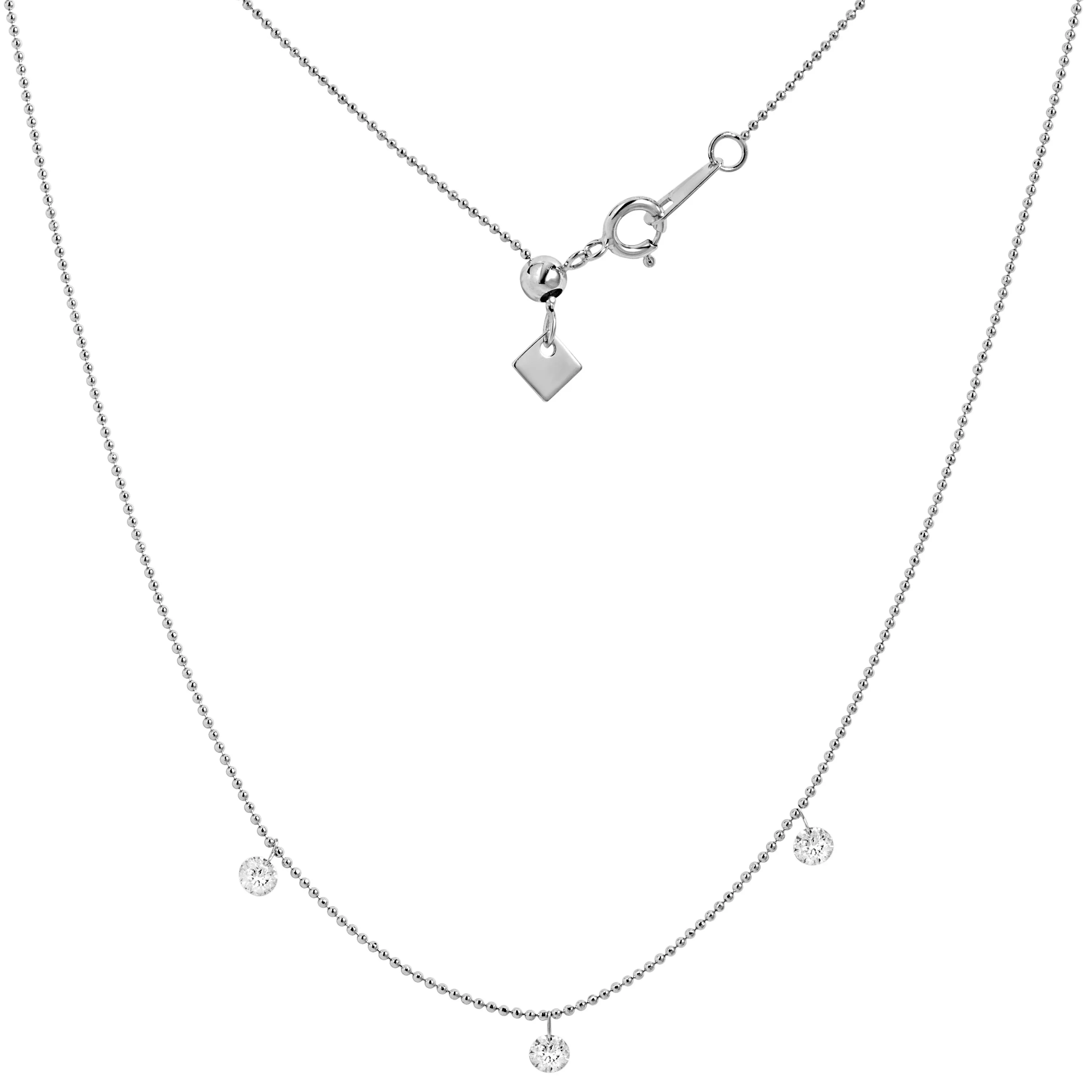 18K White Gold Beaded Three Diamond Necklace