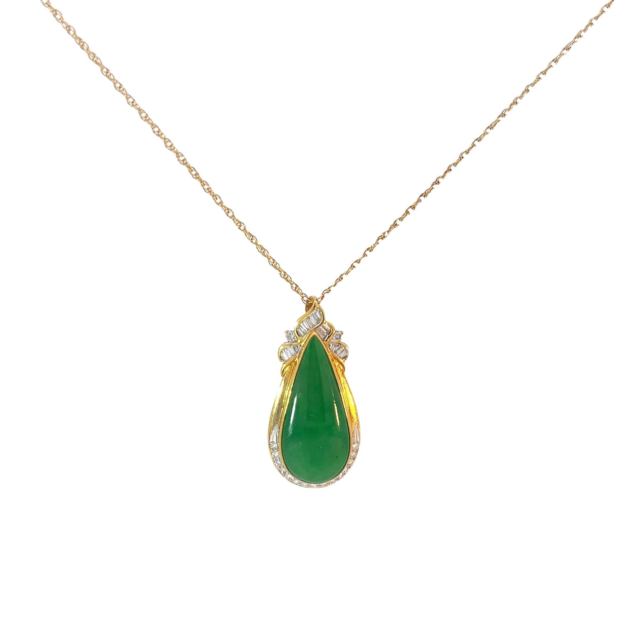 18k Yellow Gold 3.50ct Cabochon Green Pear Jade and .50ct F VS2 Round and Baguette Diamond Necklace Certified By GIA #5182165061