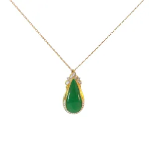 18k Yellow Gold 3.50ct Cabochon Green Pear Jade and .50ct F VS2 Round and Baguette Diamond Necklace Certified By GIA #5182165061