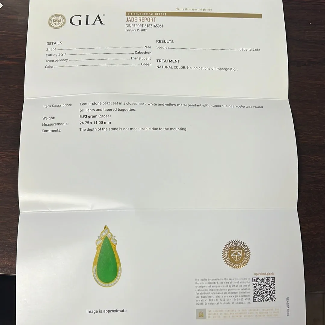 18k Yellow Gold 3.50ct Cabochon Green Pear Jade and .50ct F VS2 Round and Baguette Diamond Necklace Certified By GIA #5182165061