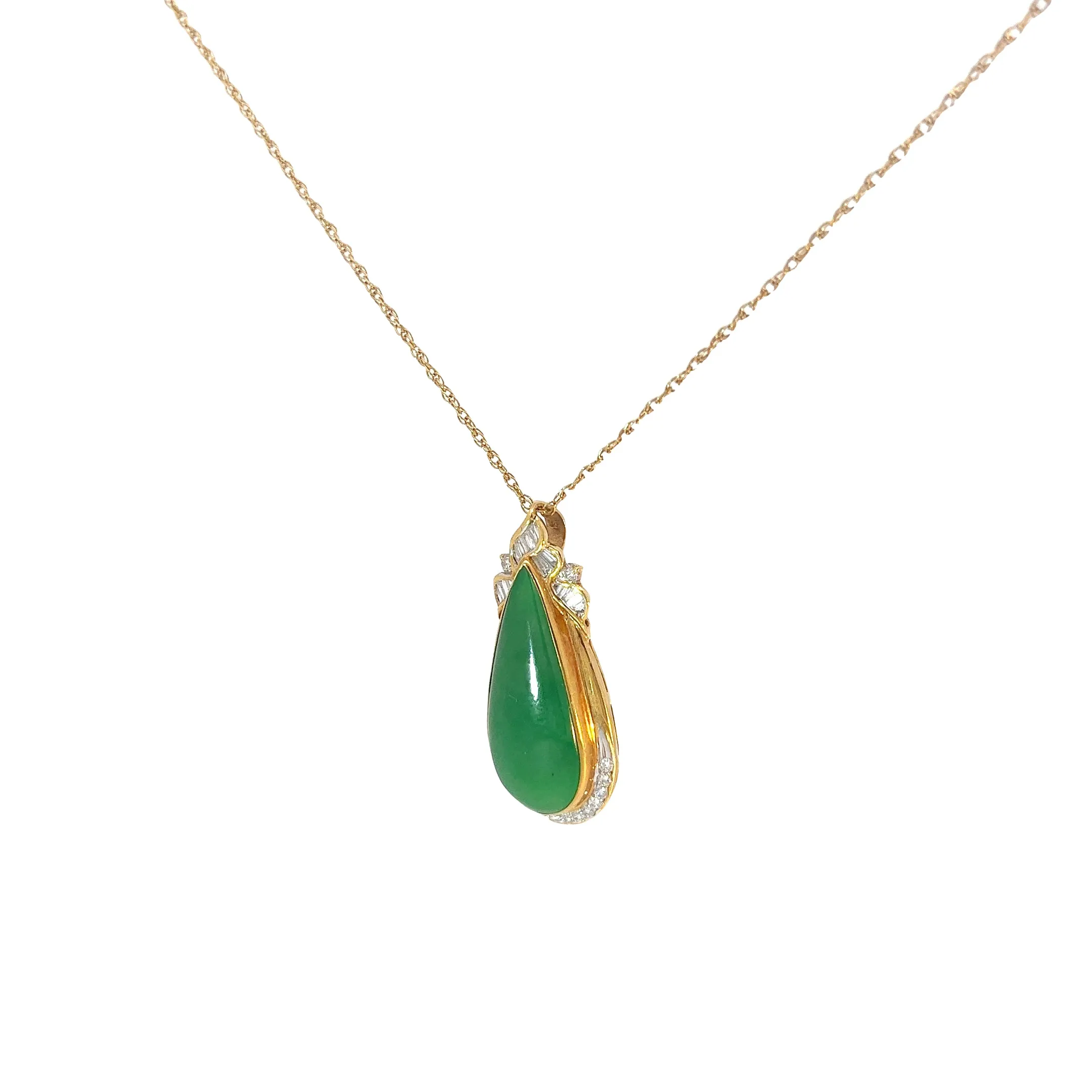 18k Yellow Gold 3.50ct Cabochon Green Pear Jade and .50ct F VS2 Round and Baguette Diamond Necklace Certified By GIA #5182165061