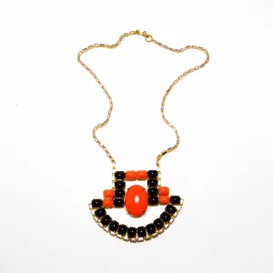 1970's Coral and Black Statement Necklace with Rhinestones by KJL