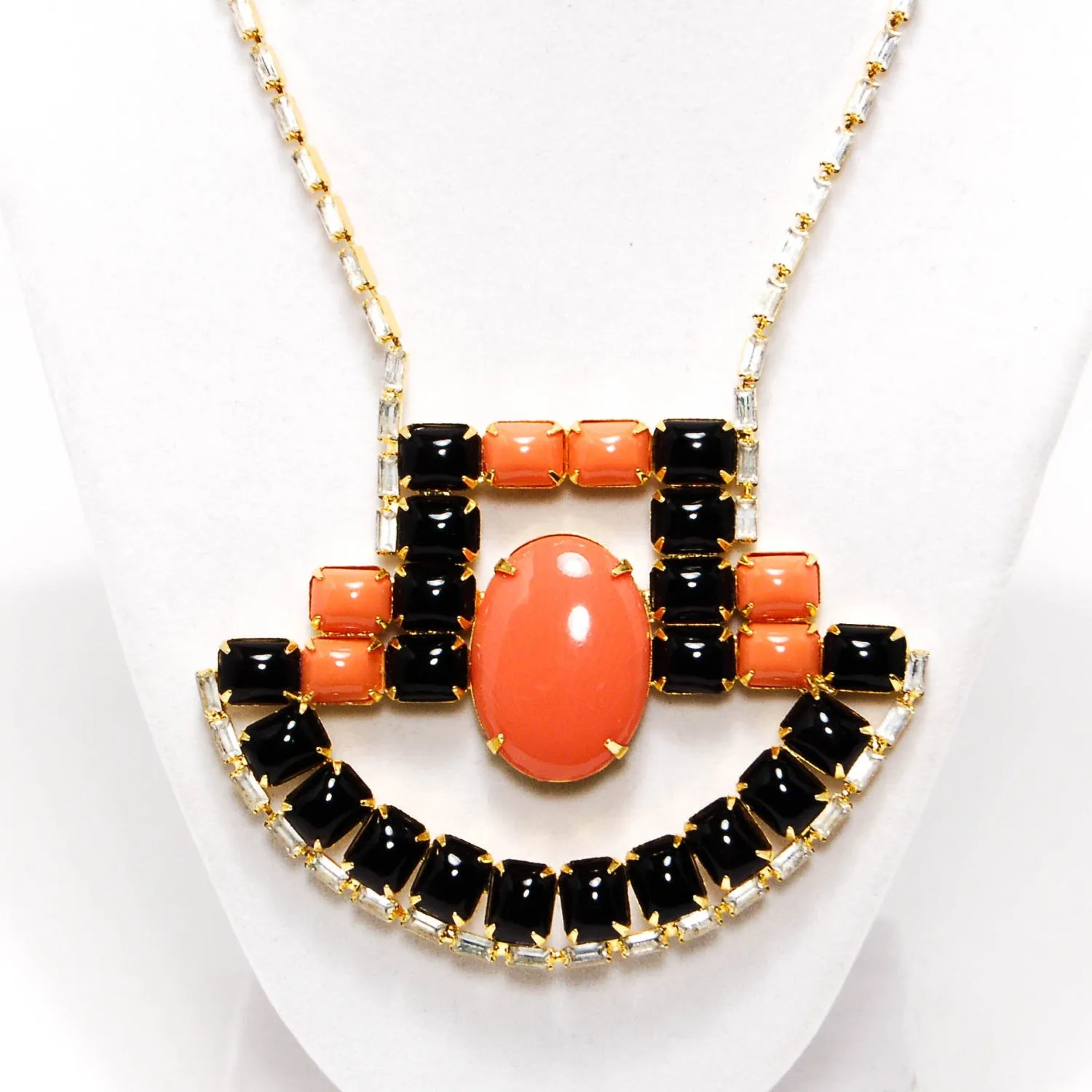 1970's Coral and Black Statement Necklace with Rhinestones by KJL