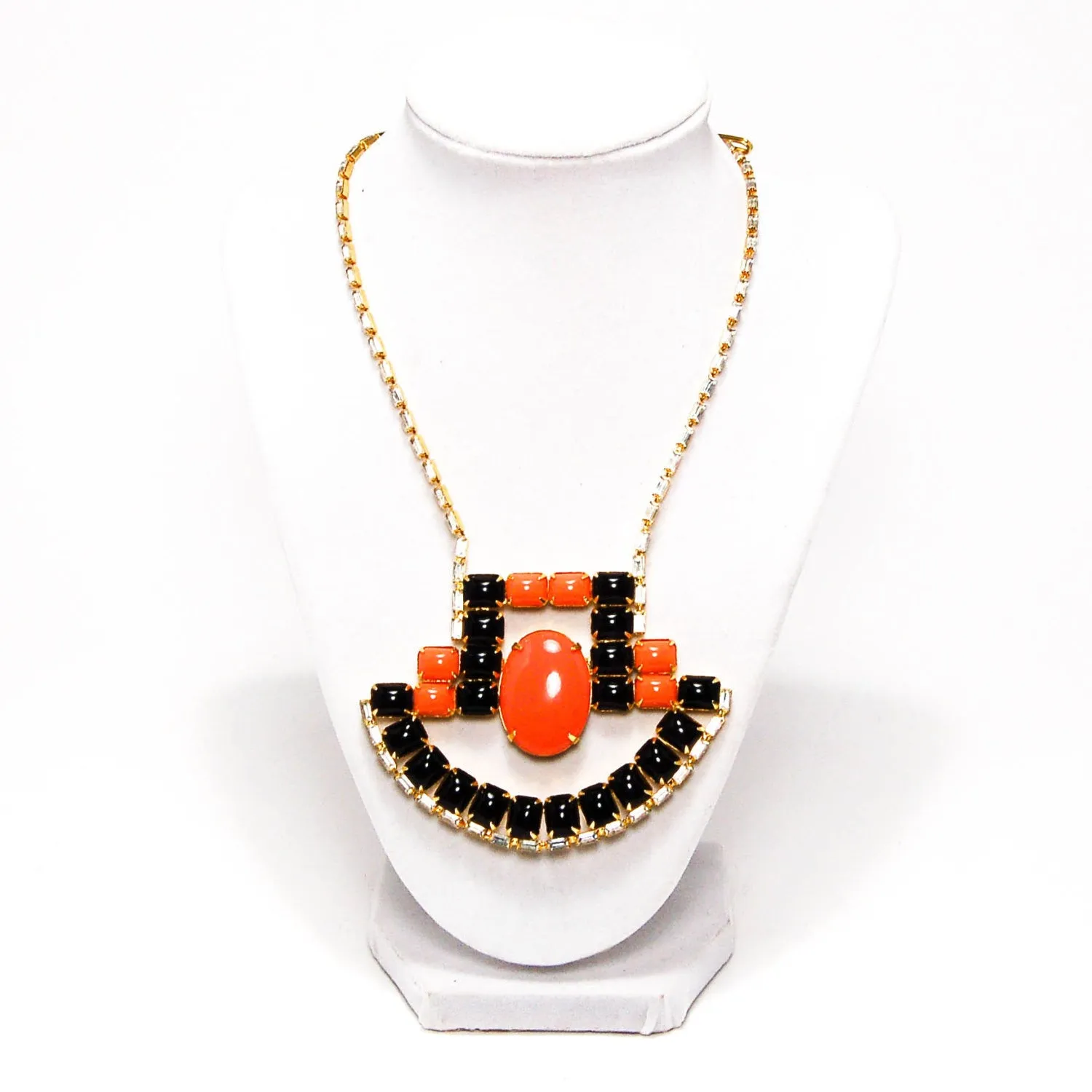 1970's Coral and Black Statement Necklace with Rhinestones by KJL