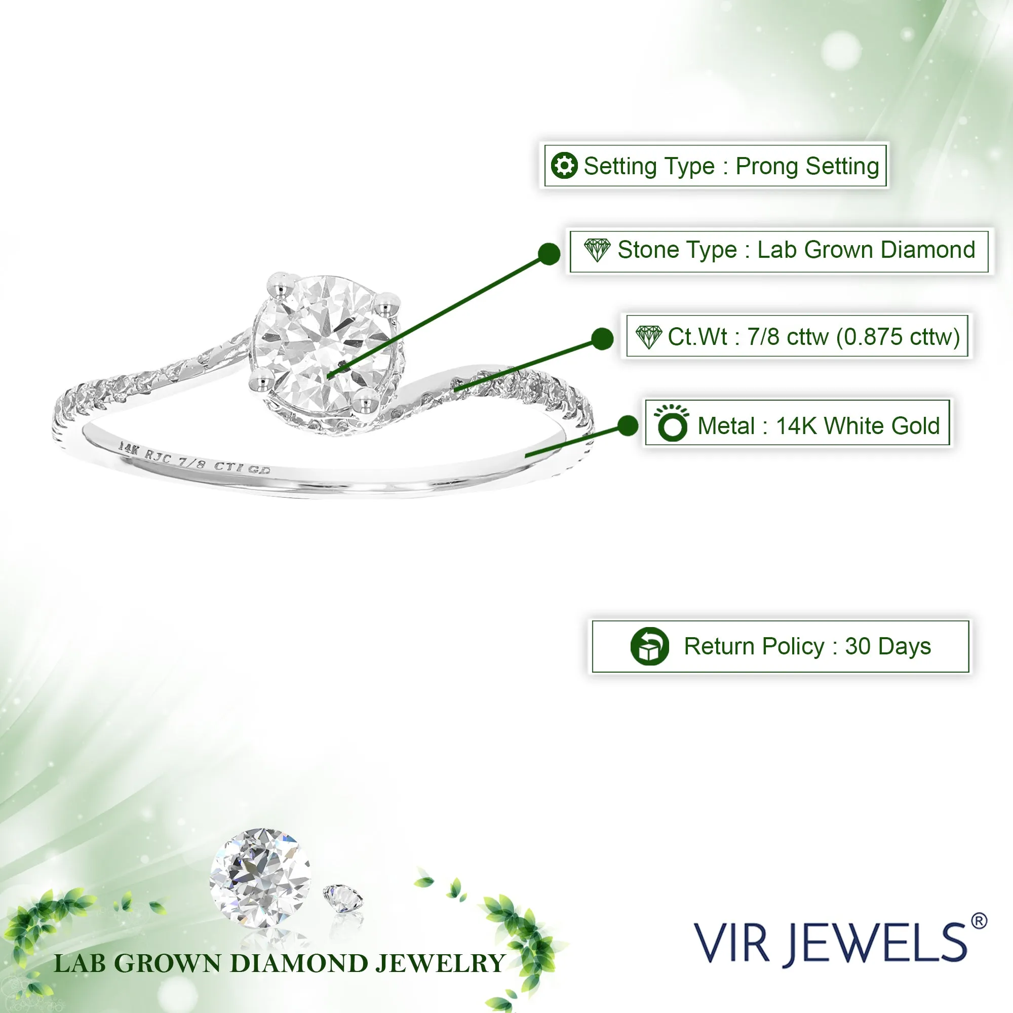 7/8 cttw Classic Lab Grown Diamond Engagement Ring 14K White Gold