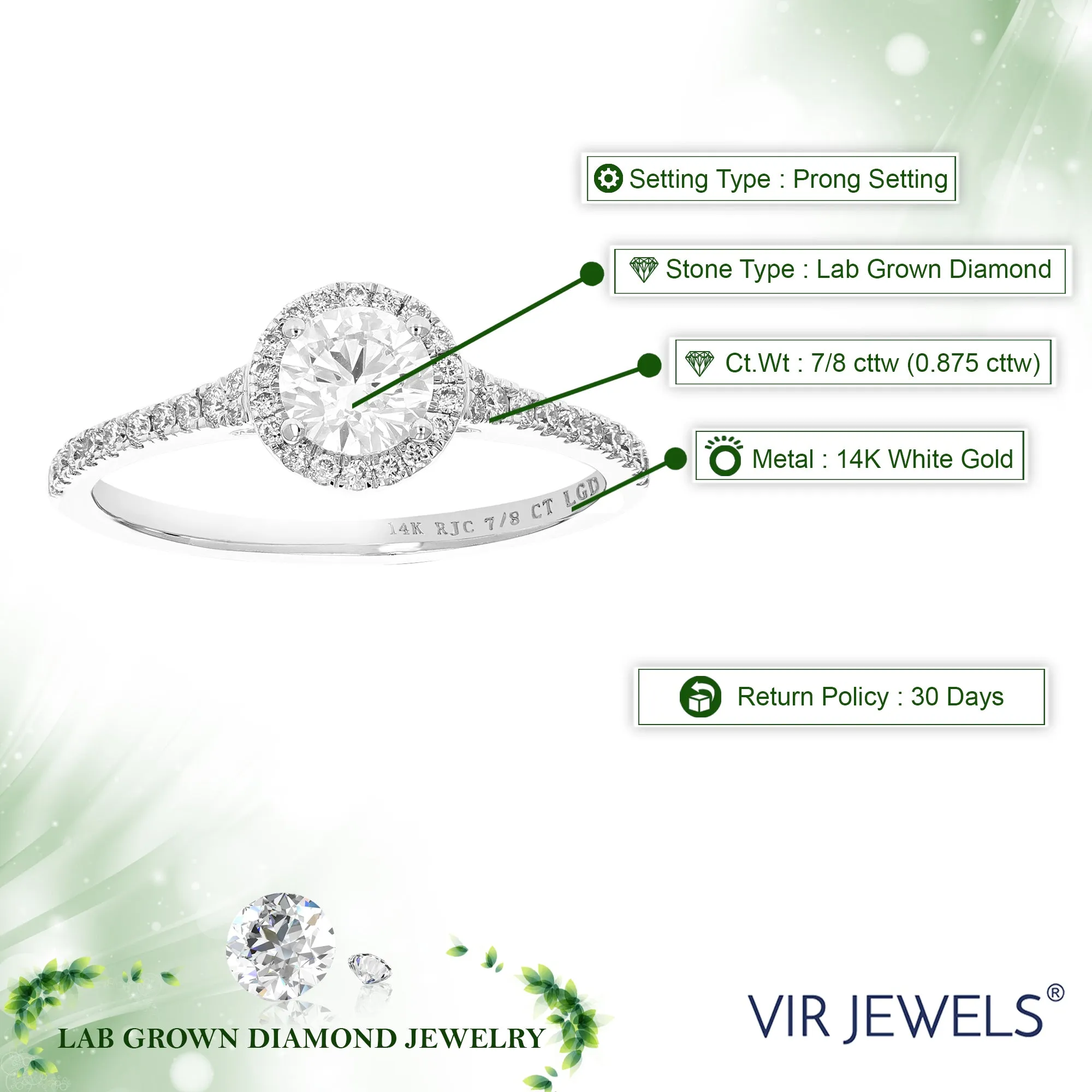 7/8 cttw Lab Grown Diamond Solitaire Wedding Ring 14K White Gold