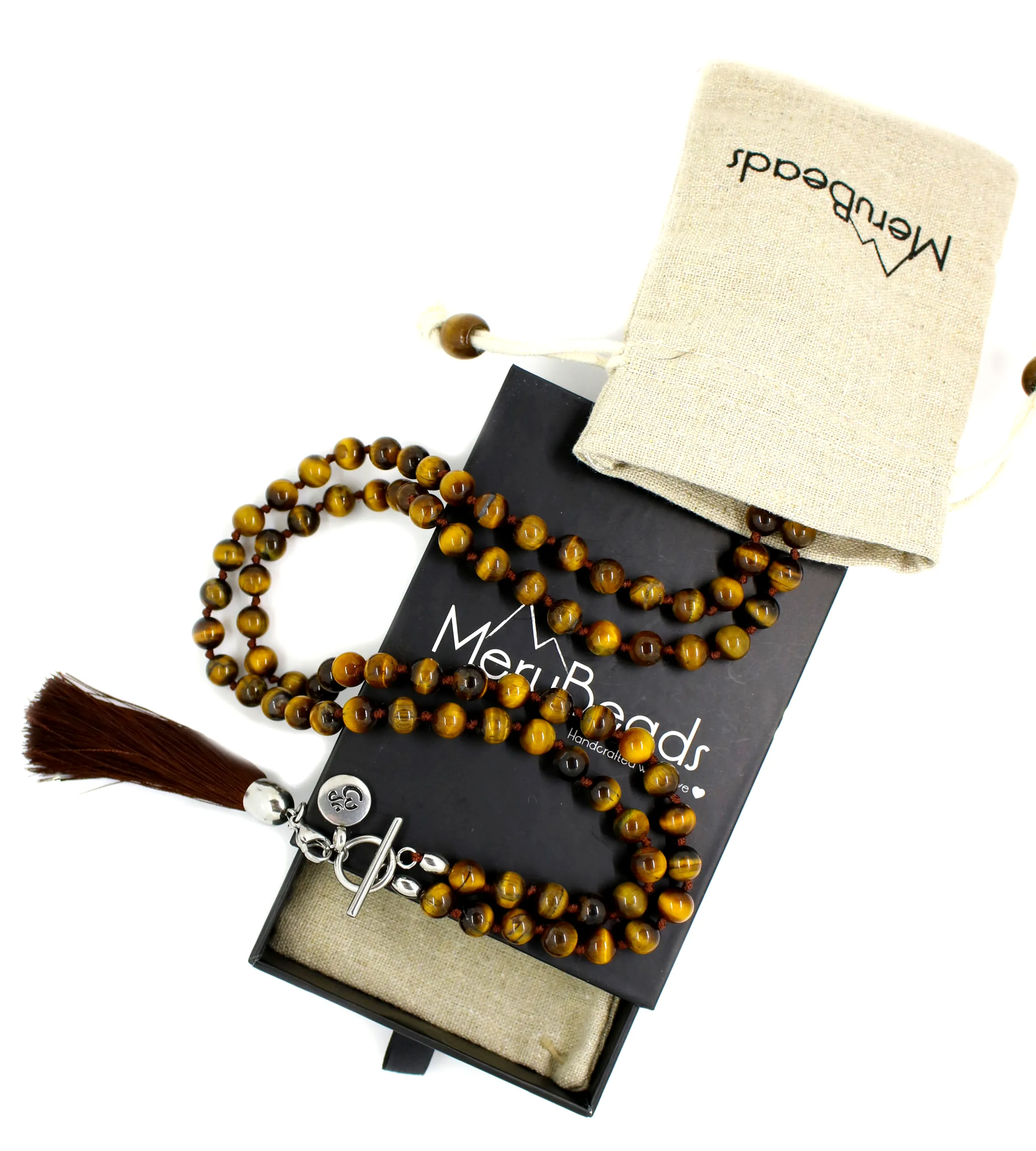 8mm Tiger's Eye Yellow Mala Beads Wrap Necklace with Removable Tassel