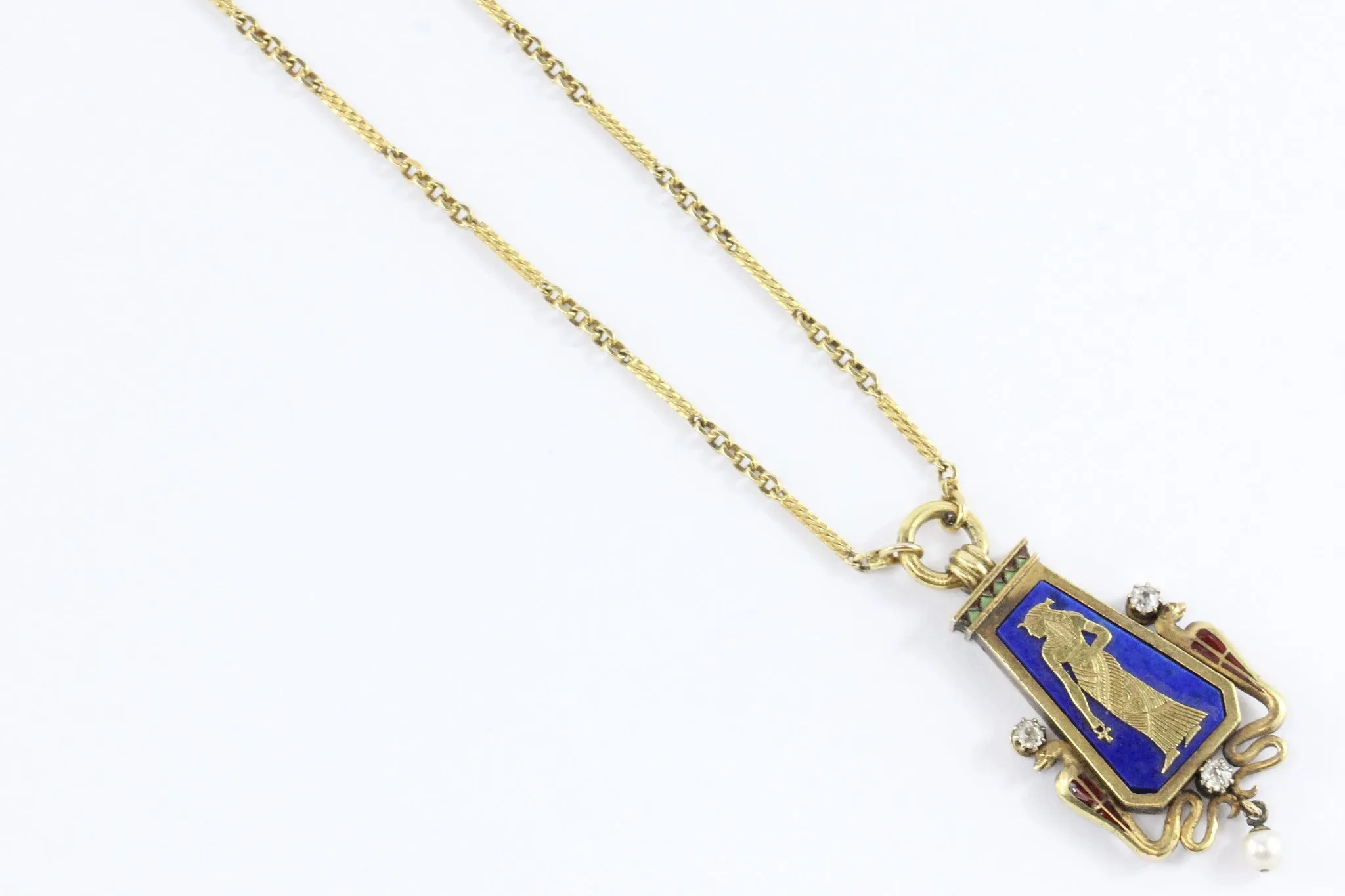 Austrian Carl Bacher Egyptian Revival Enamel Lapis Diamond Gold Necklace