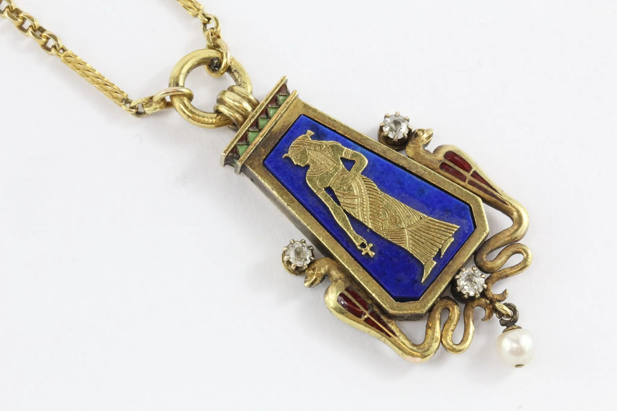 Austrian Carl Bacher Egyptian Revival Enamel Lapis Diamond Gold Necklace