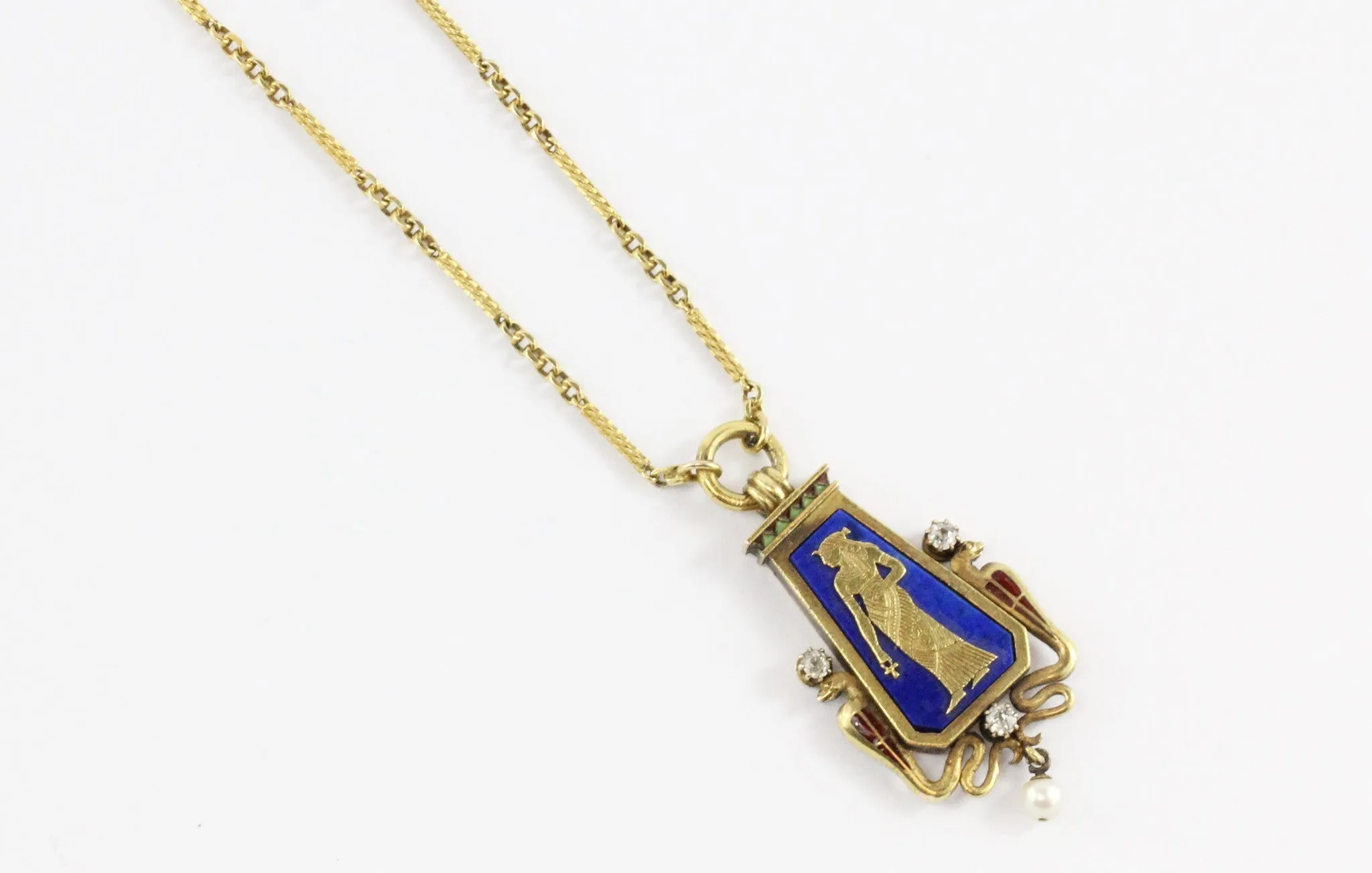 Austrian Carl Bacher Egyptian Revival Enamel Lapis Diamond Gold Necklace