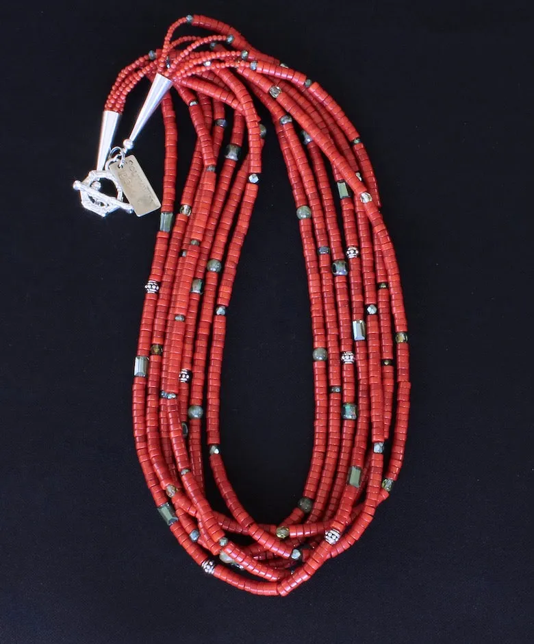 Bamboo Coral Heishi 7-Strand Necklace with Sage Green Crystal Rectangles, Peridot Rounds, Czech Fire Polished Glass and Sterling Silver