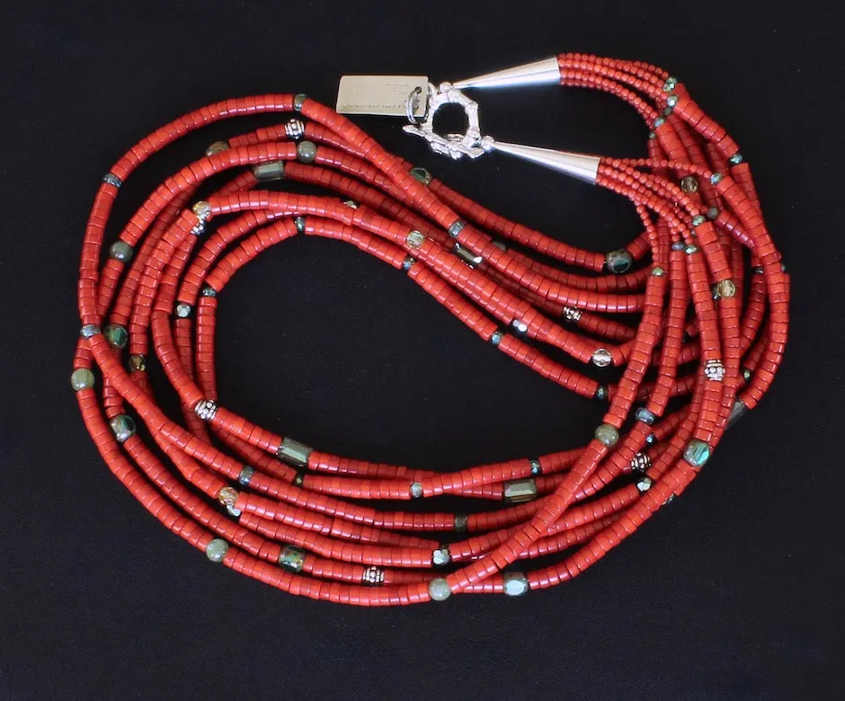 Bamboo Coral Heishi 7-Strand Necklace with Sage Green Crystal Rectangles, Peridot Rounds, Czech Fire Polished Glass and Sterling Silver