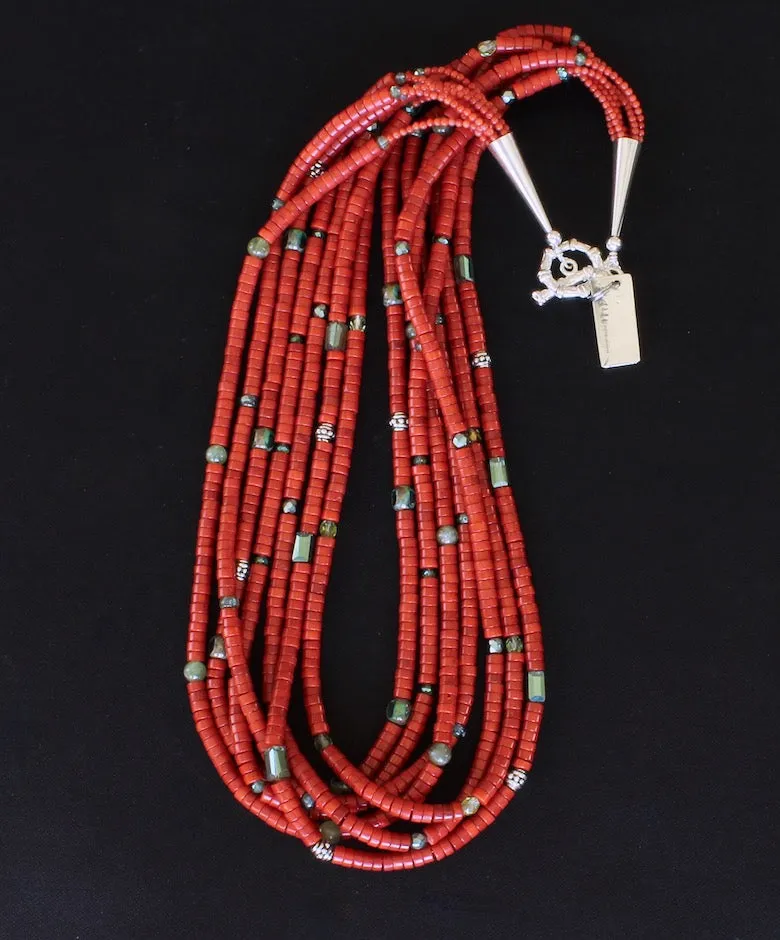 Bamboo Coral Heishi 7-Strand Necklace with Sage Green Crystal Rectangles, Peridot Rounds, Czech Fire Polished Glass and Sterling Silver