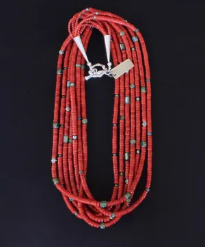 Bamboo Coral Heishi 7-Strand Necklace with Sage Green Crystal Rectangles, Peridot Rounds, Czech Fire Polished Glass and Sterling Silver