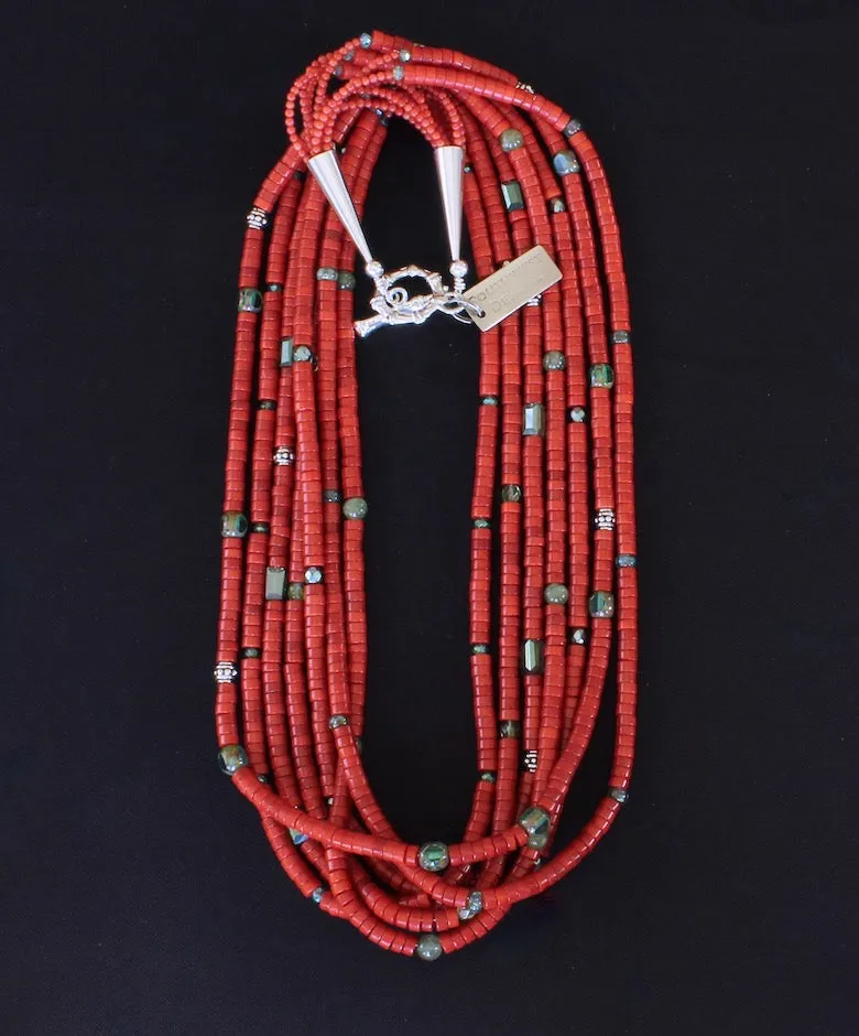 Bamboo Coral Heishi 7-Strand Necklace with Sage Green Crystal Rectangles, Peridot Rounds, Czech Fire Polished Glass and Sterling Silver