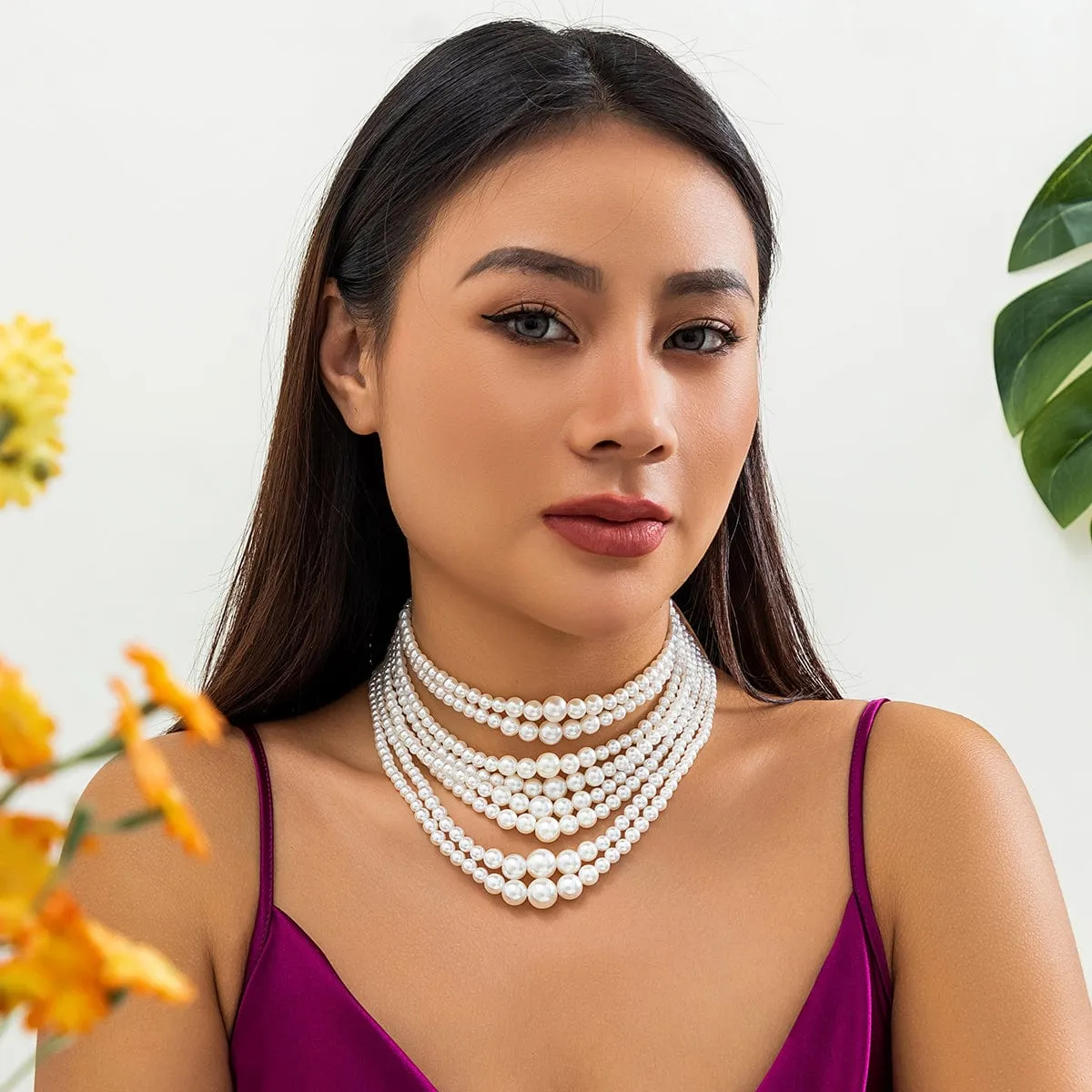 Baroque Layered Pearl Chain Choker Necklace