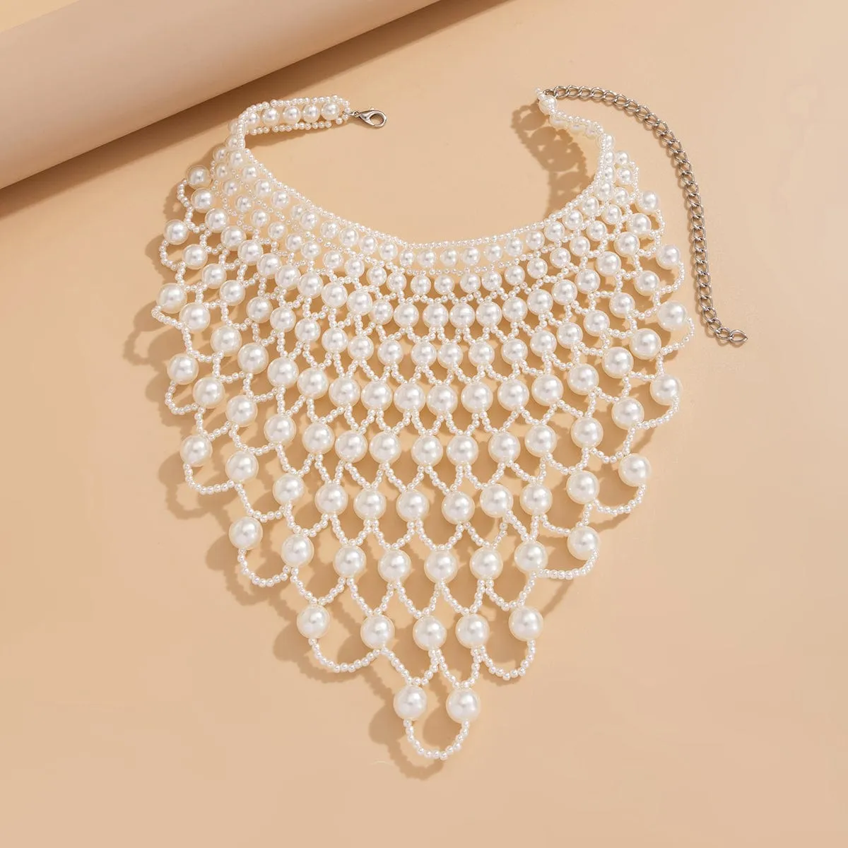 Baroque Layered Pearl Mesh Tassel Necklace