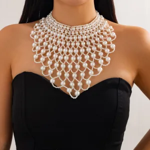 Baroque Layered Pearl Mesh Tassel Necklace