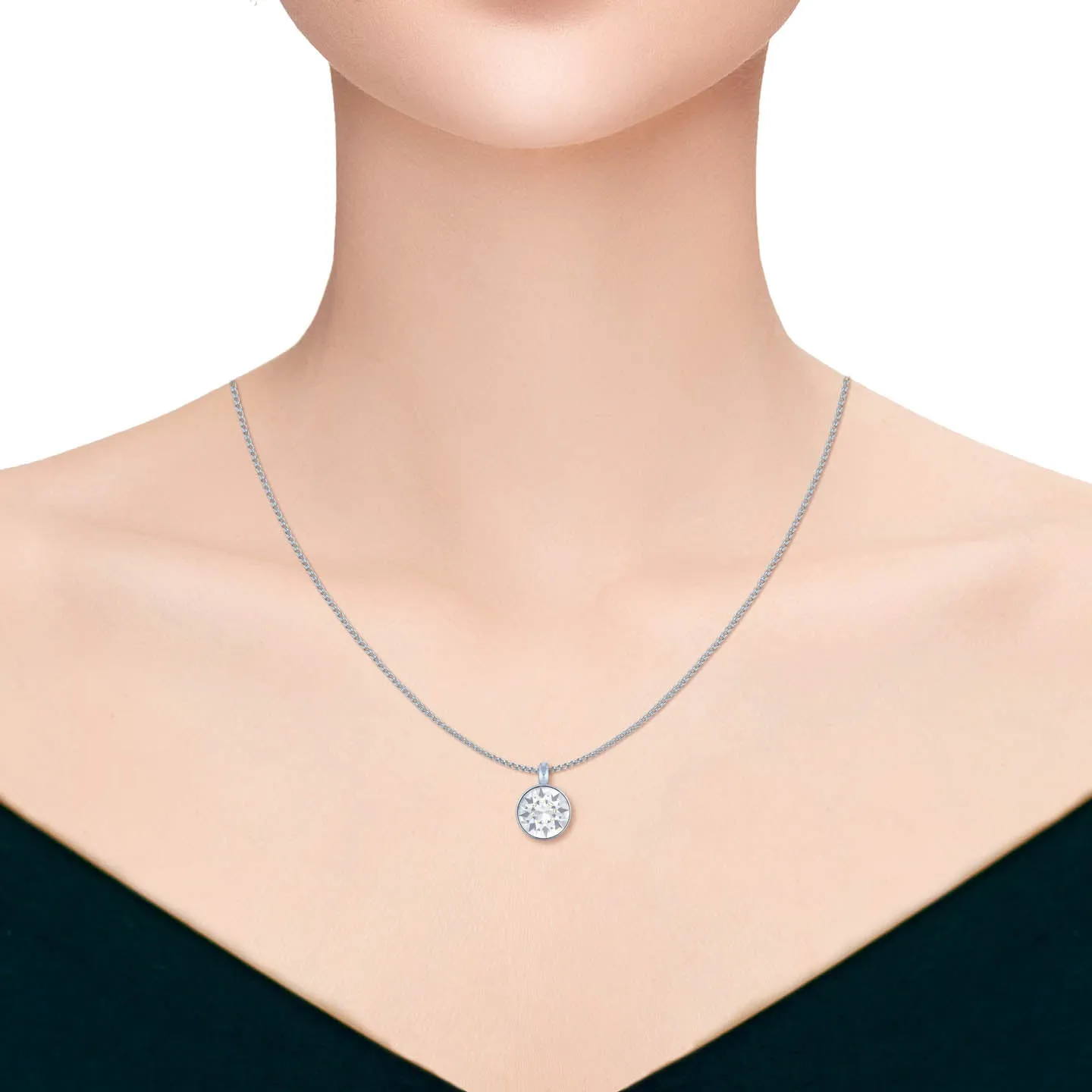 Bella Pendant Necklace with White Clear Round Crystals from Swarovski Silver Toned Rhodium Plated