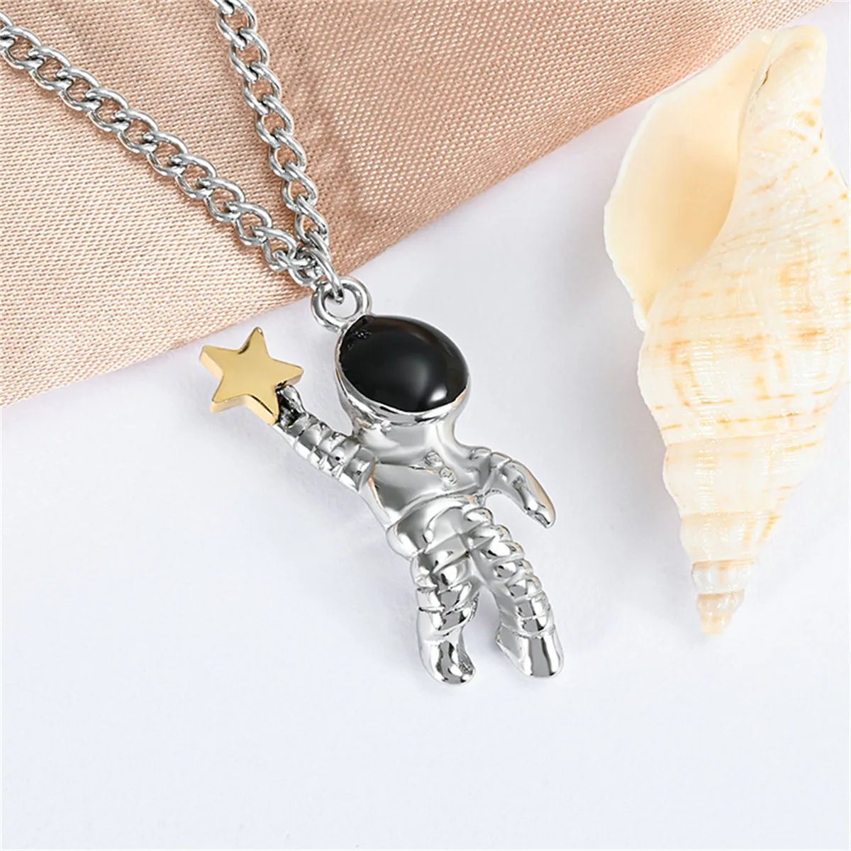 Black Enamel & Two Tone Astronaut Star Pendant Necklace