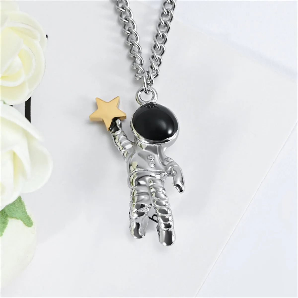 Black Enamel & Two Tone Astronaut Star Pendant Necklace
