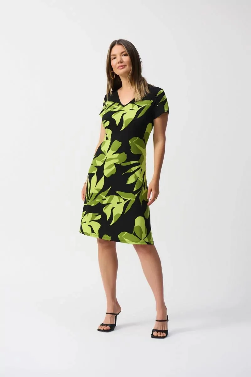 Black/Multi Silky Knit Tropical Print A-Line Dress Style 251200