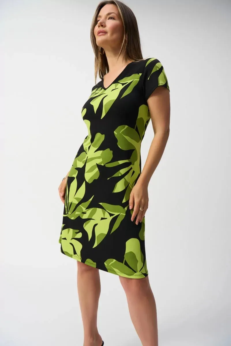 Black/Multi Silky Knit Tropical Print A-Line Dress Style 251200