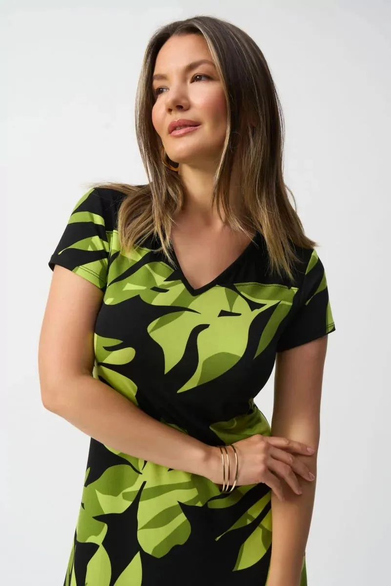 Black/Multi Silky Knit Tropical Print A-Line Dress Style 251200