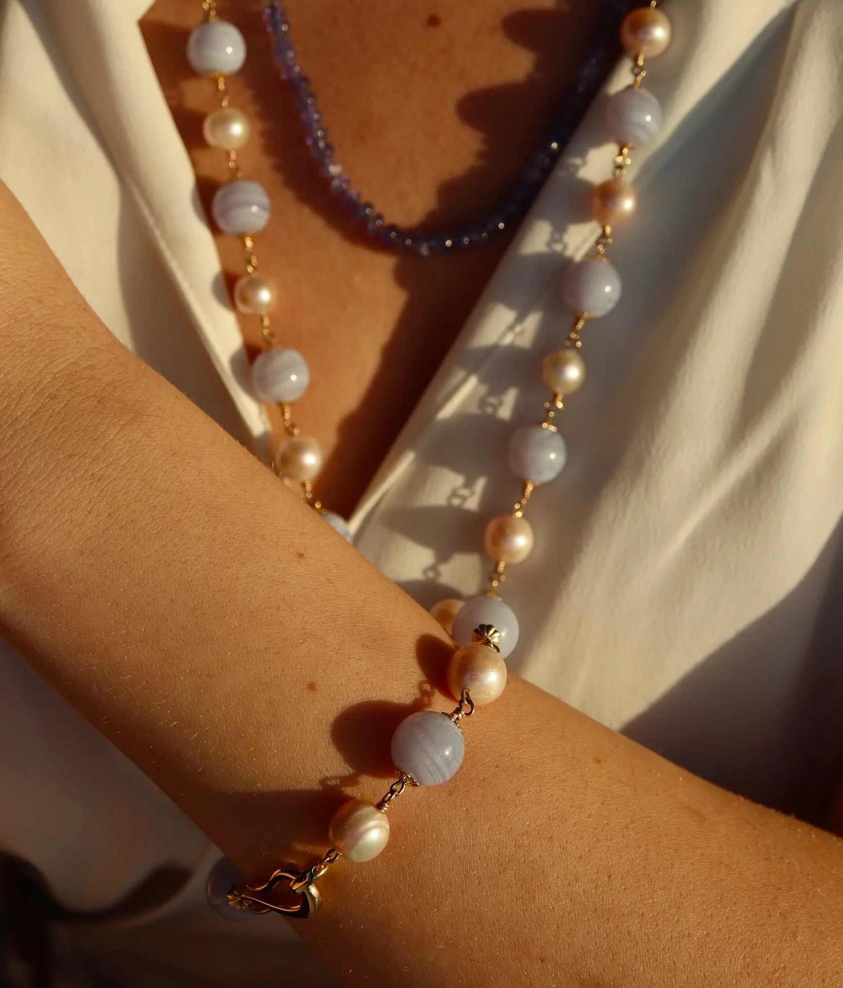 Blue Lace Agate & Pearl Bracelet