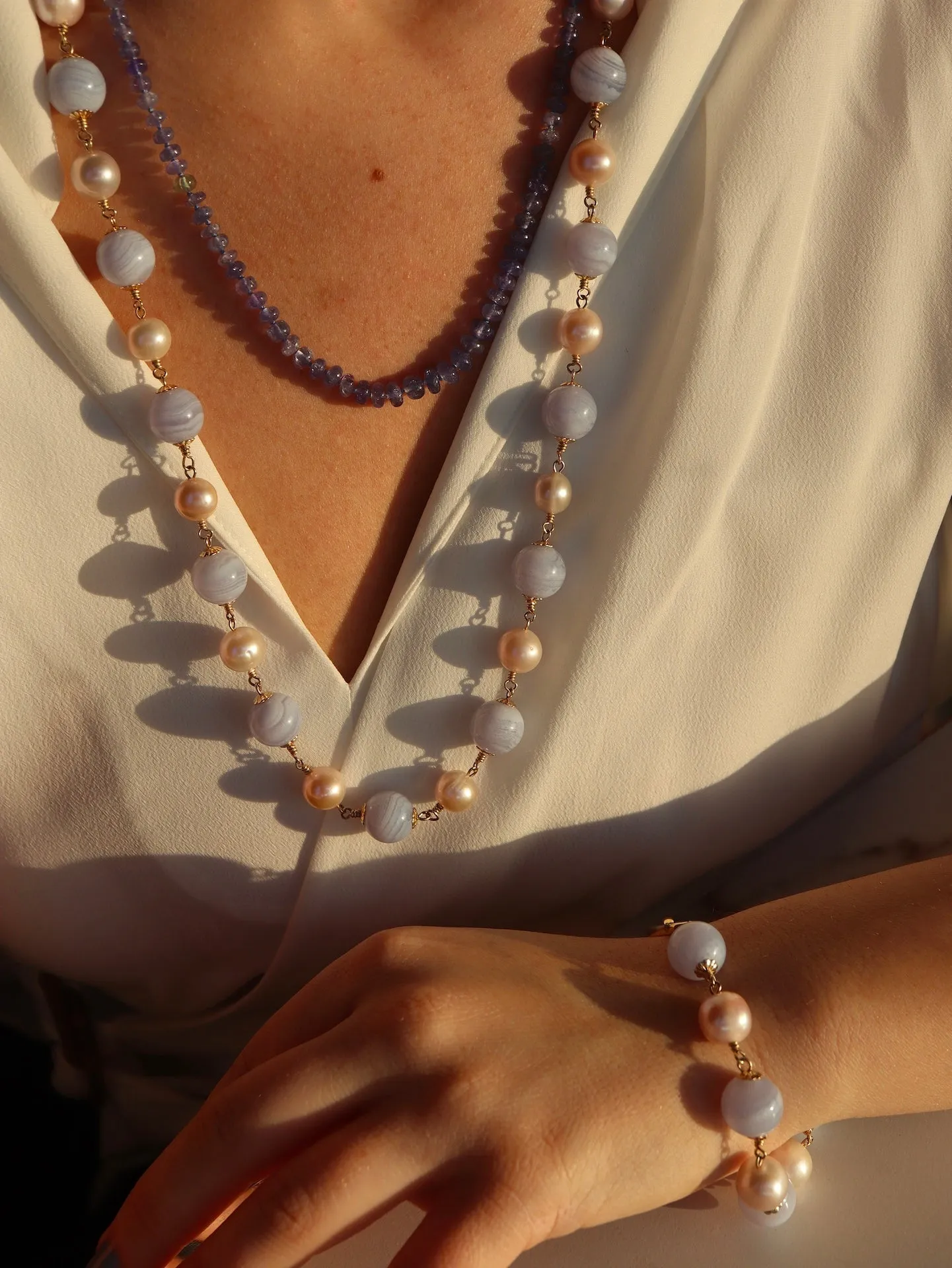 Blue Lace Agate & Pearl Bracelet
