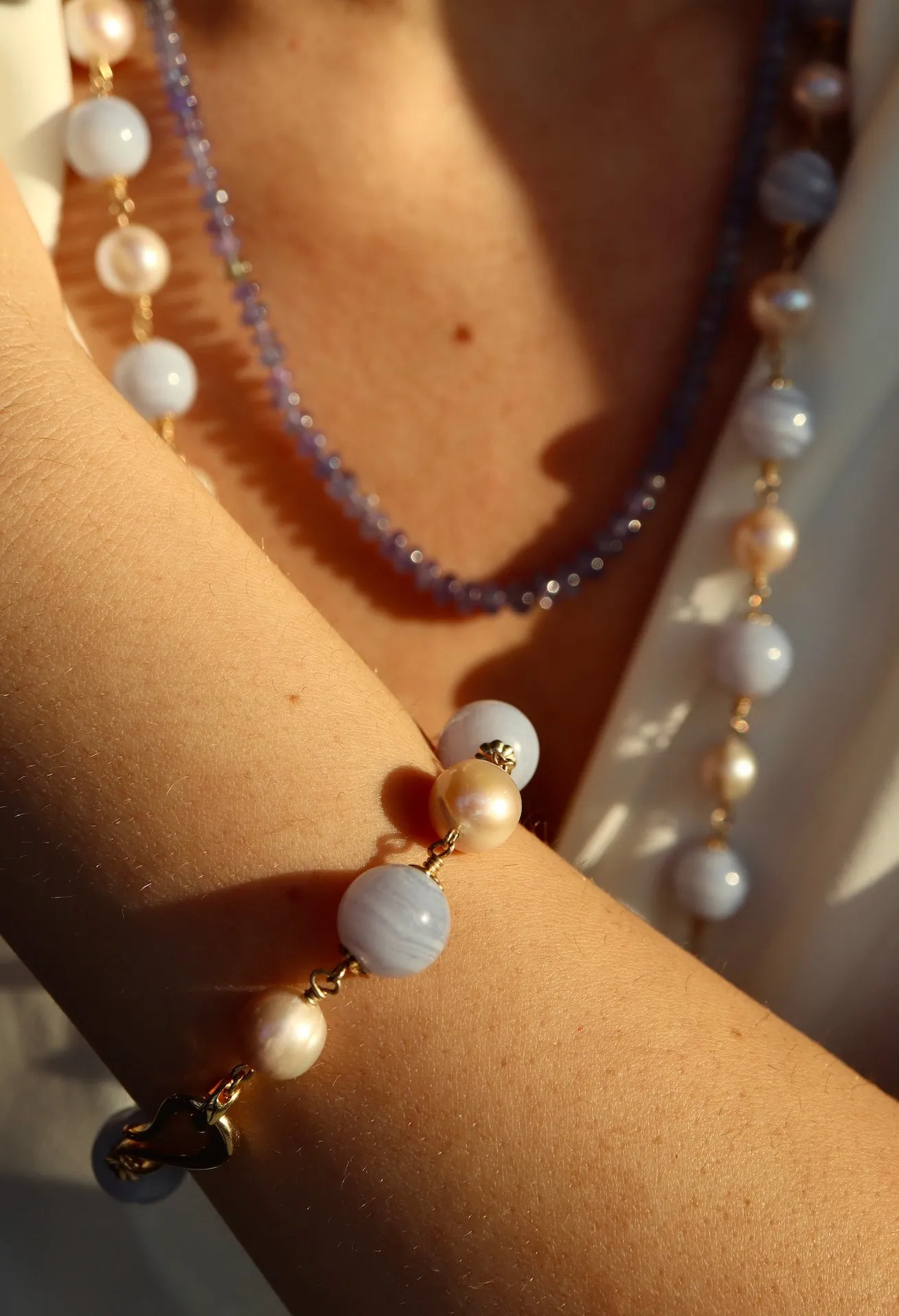 Blue Lace Agate & Pearl Bracelet
