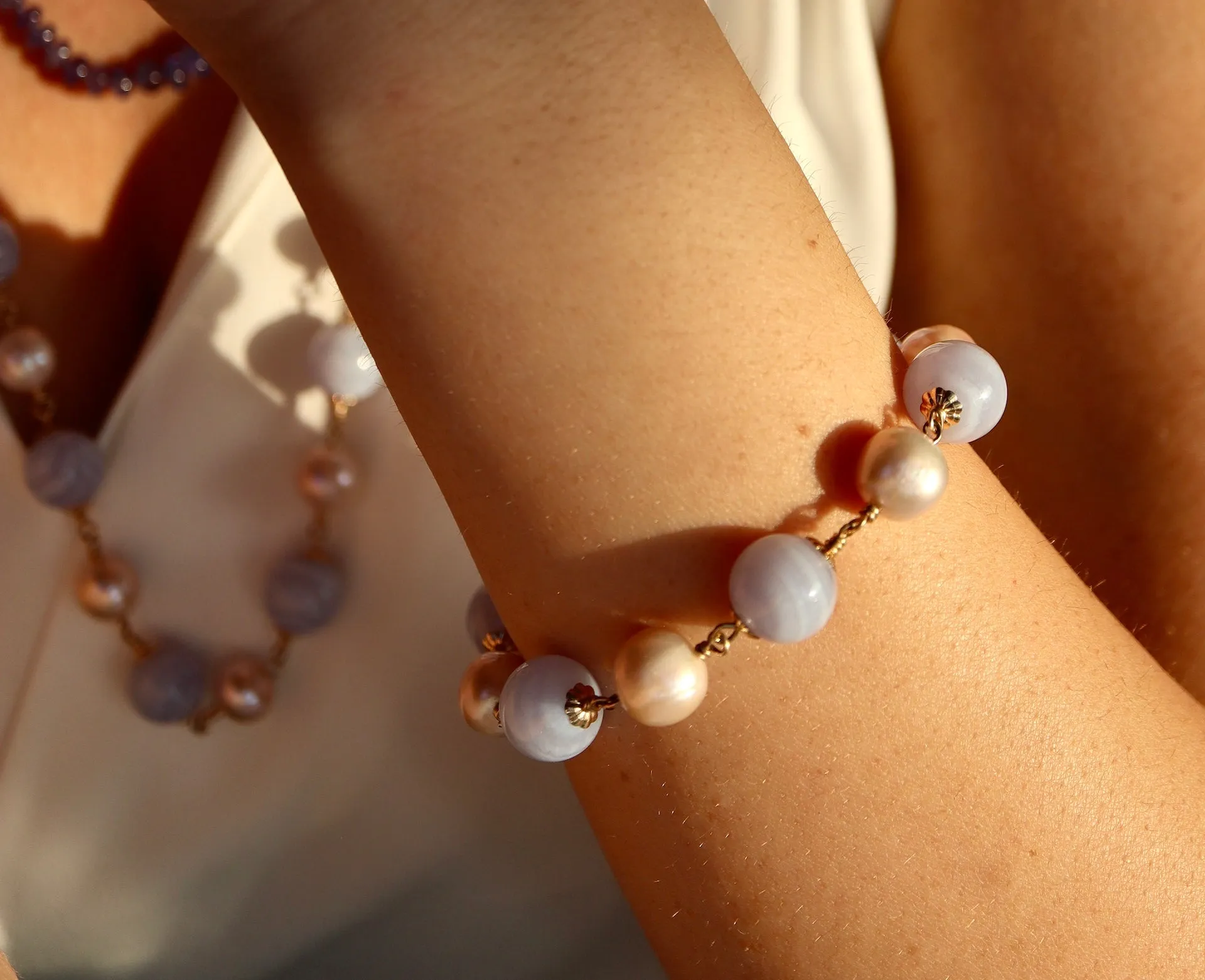 Blue Lace Agate & Pearl Bracelet