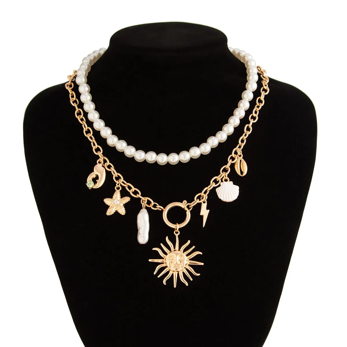 Boho Layered Sun Starfish Lighting Pendant Pearl Chain Necklace Set