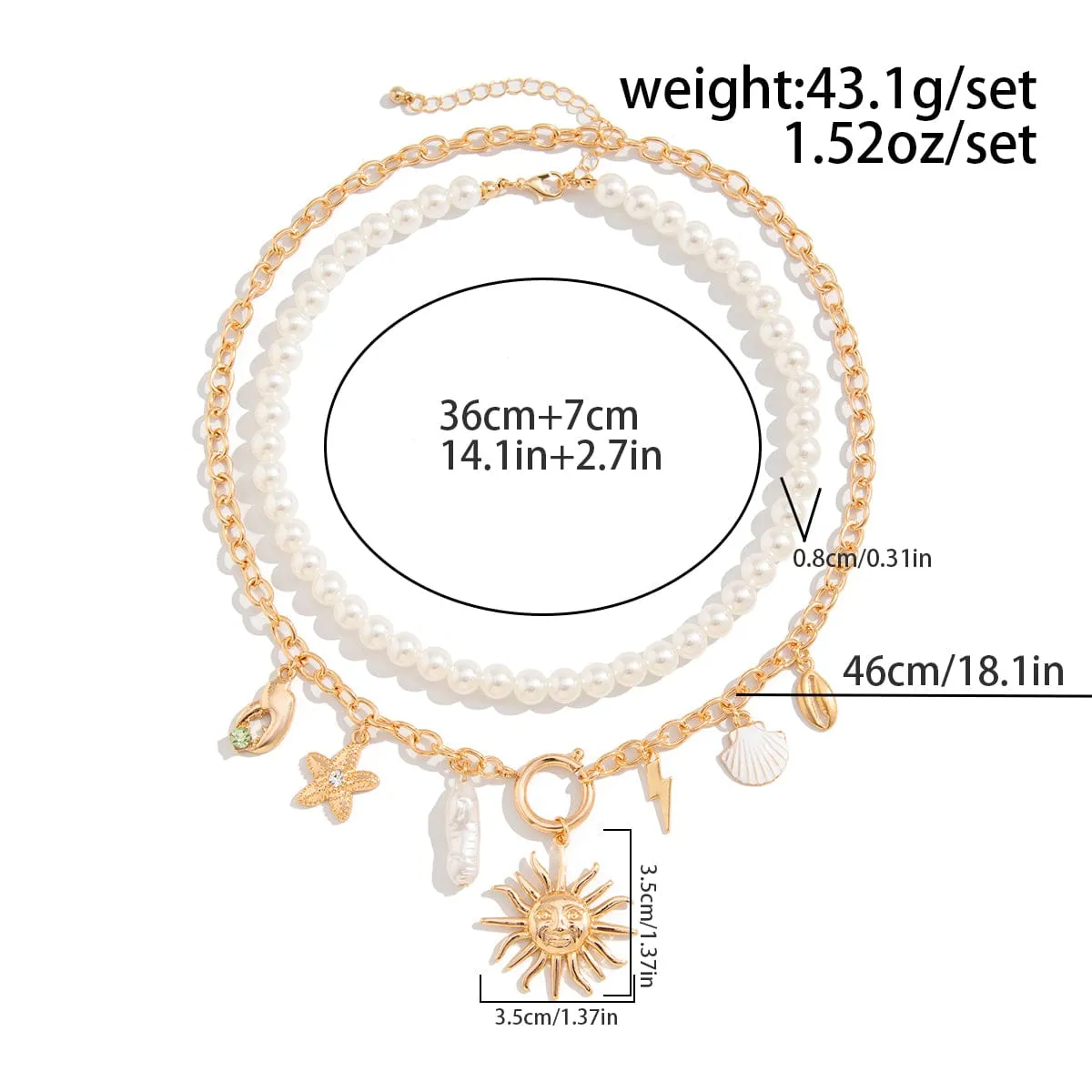 Boho Layered Sun Starfish Lighting Pendant Pearl Chain Necklace Set