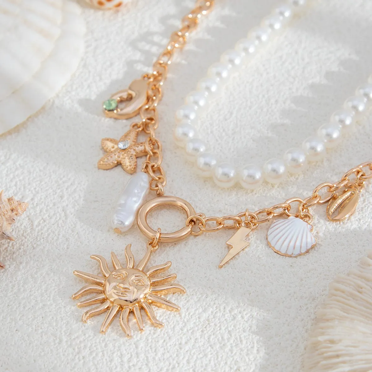 Boho Layered Sun Starfish Lighting Pendant Pearl Chain Necklace Set