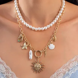 Boho Layered Sun Starfish Lighting Pendant Pearl Chain Necklace Set