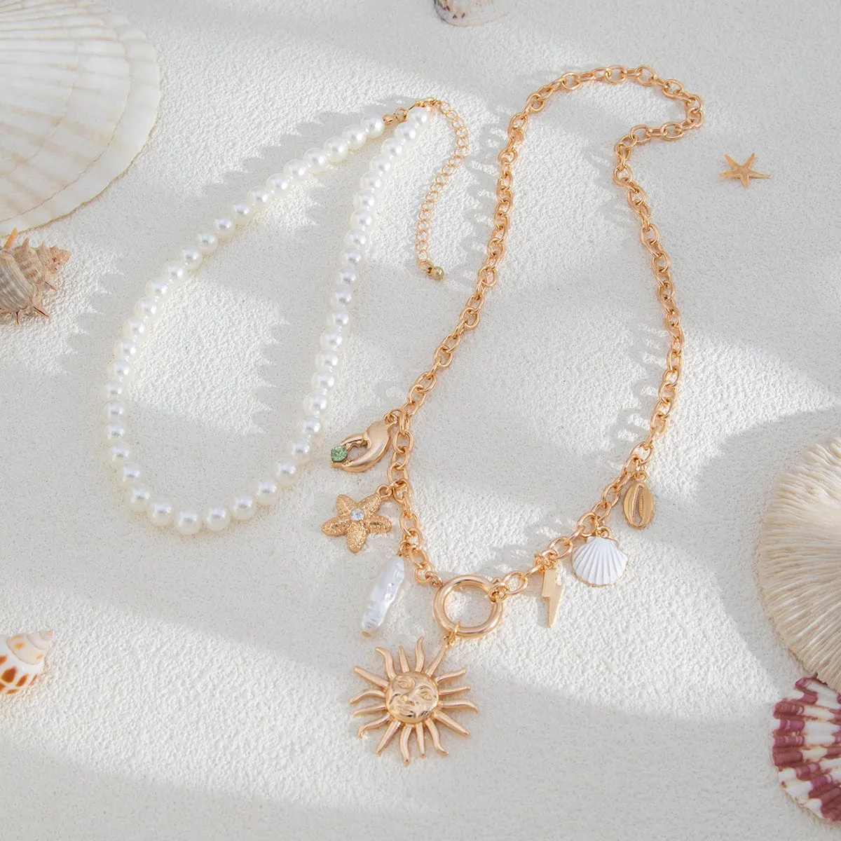 Boho Layered Sun Starfish Lighting Pendant Pearl Chain Necklace Set