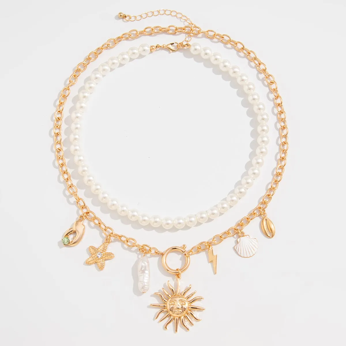 Boho Layered Sun Starfish Lighting Pendant Pearl Chain Necklace Set