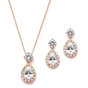 Brilliant Halo Pear Shaped Rose Gold Necklace and Earrings Set