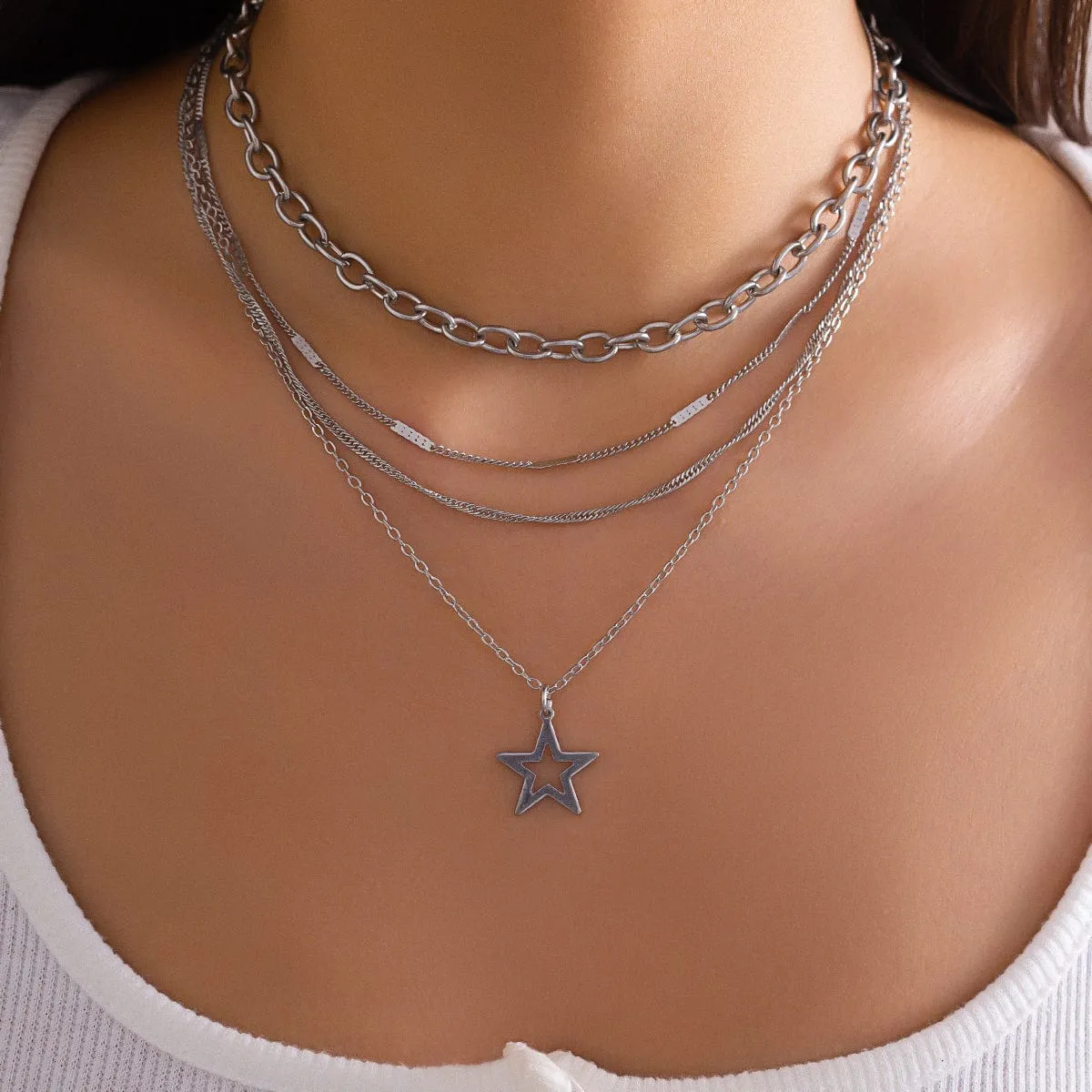 Chic 4pcs Hollow Star Pendant Cable Chain Necklace Set