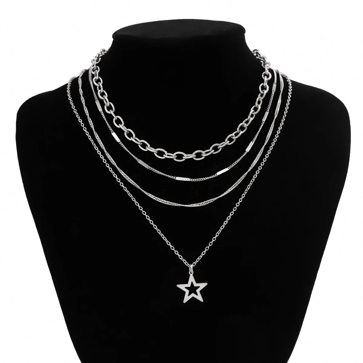 Chic 4pcs Hollow Star Pendant Cable Chain Necklace Set