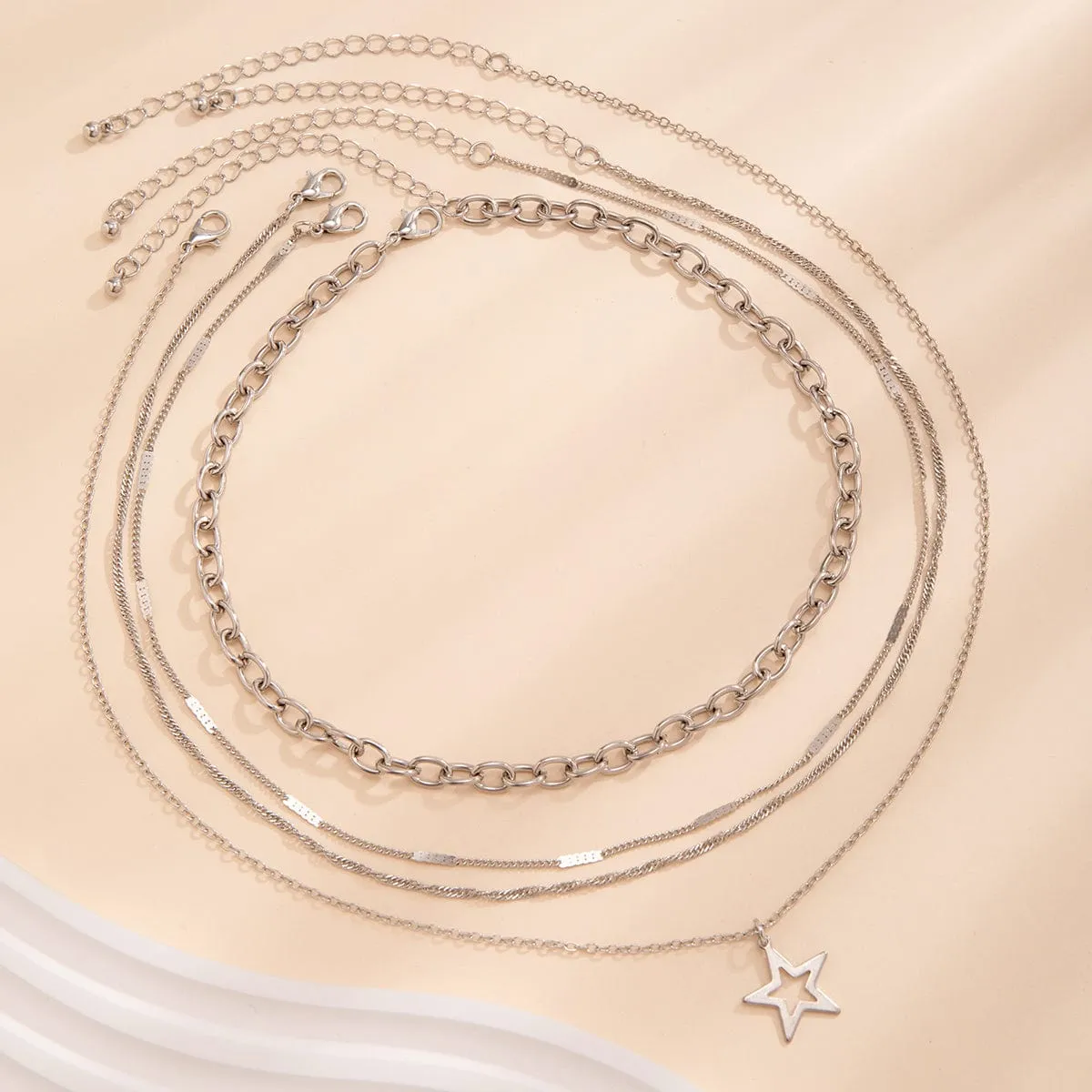 Chic 4pcs Hollow Star Pendant Cable Chain Necklace Set