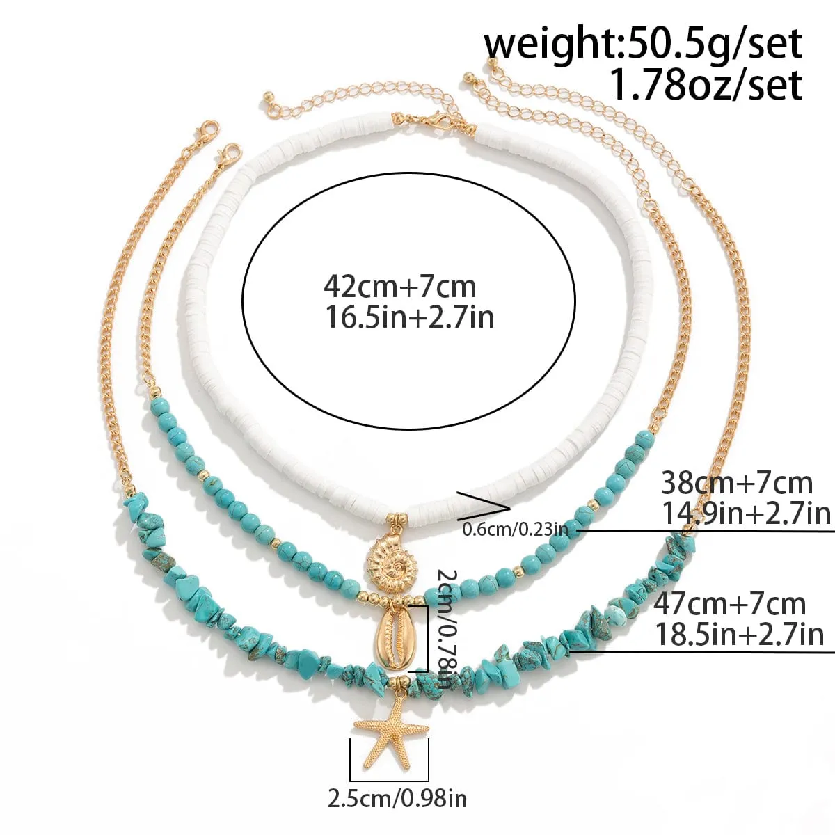 Chic Conch Starfish Pendant Turquoise Polymer Clay Chain Necklace Set