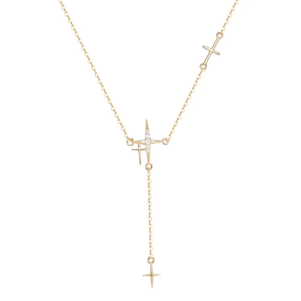 Chic Sterling Silver Falling Crosses Necklace with Cubic Zirconia  Detail - C503739