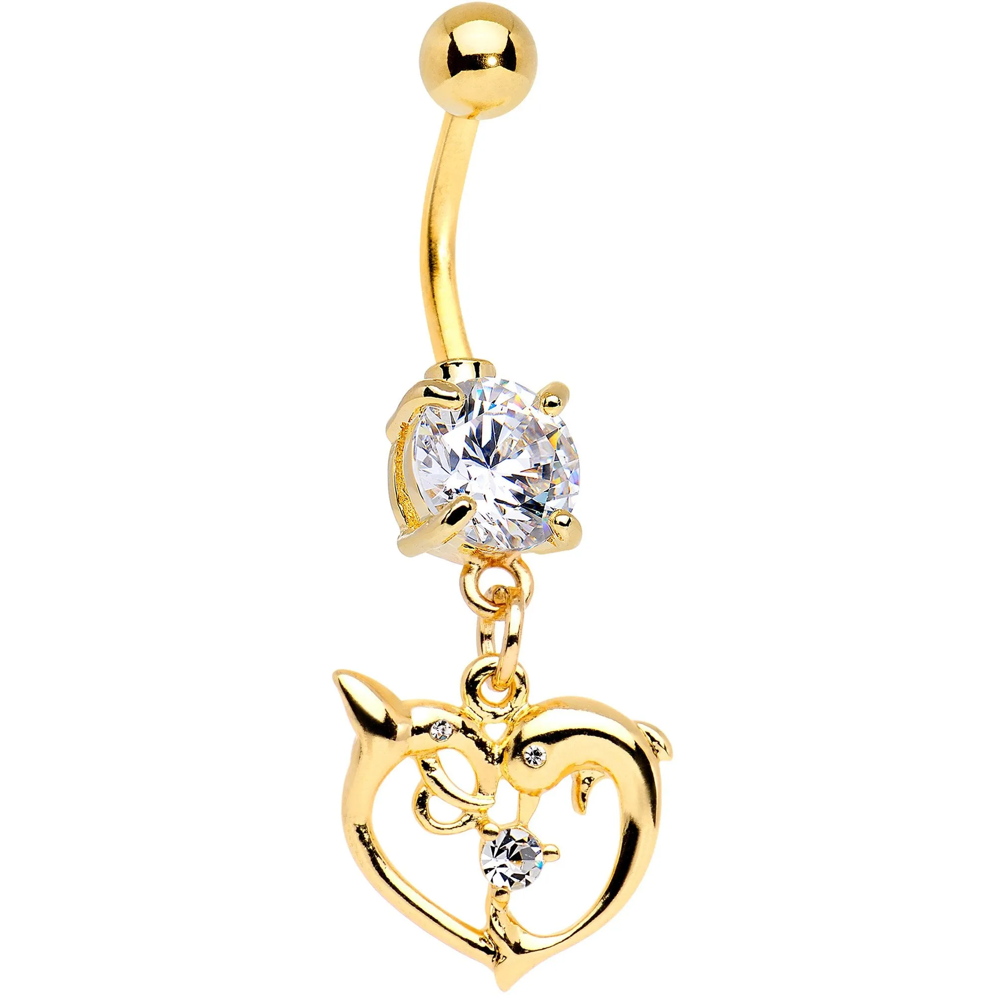 Clear CZ Gem Gold PVD Double Dolphin Heart Dangle Belly Ring