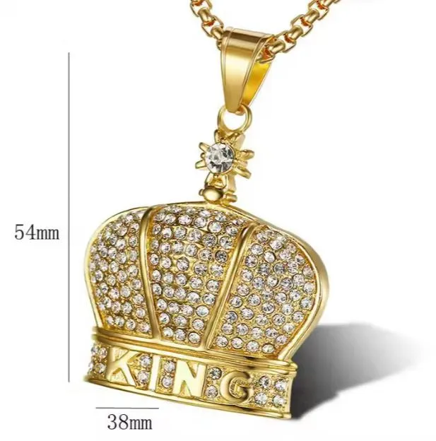 Crown "King" Charm With Stones Stainless Steel 24" Non Tarnish Electroplated Necklace