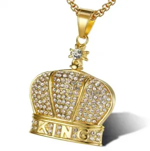 Crown "King" Charm With Stones Stainless Steel 24" Non Tarnish Electroplated Necklace